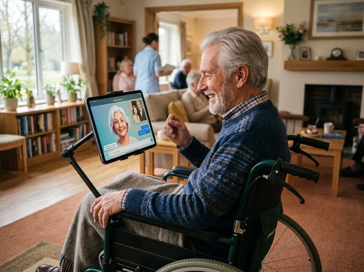 An older man in a wheelchair smiling as he chats with his StoriA companion on a tablet, family photos on the screen beside her.